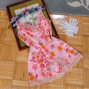 Vintage pink and yellow floral print nylon chemise